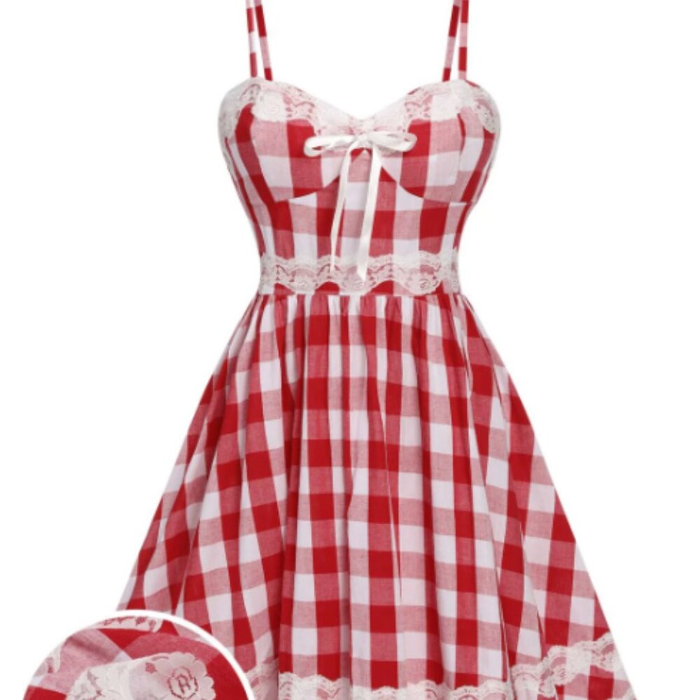 Pinup Red 1950s Plaid Lace Bow Strap Dress Retro Stage Rockabilly Small/Medium